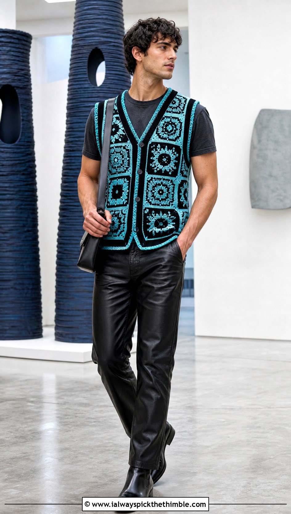 Geometric Tapestry Crochet Vest With Leather Pants - 25 crochet vest for men outfit ideas