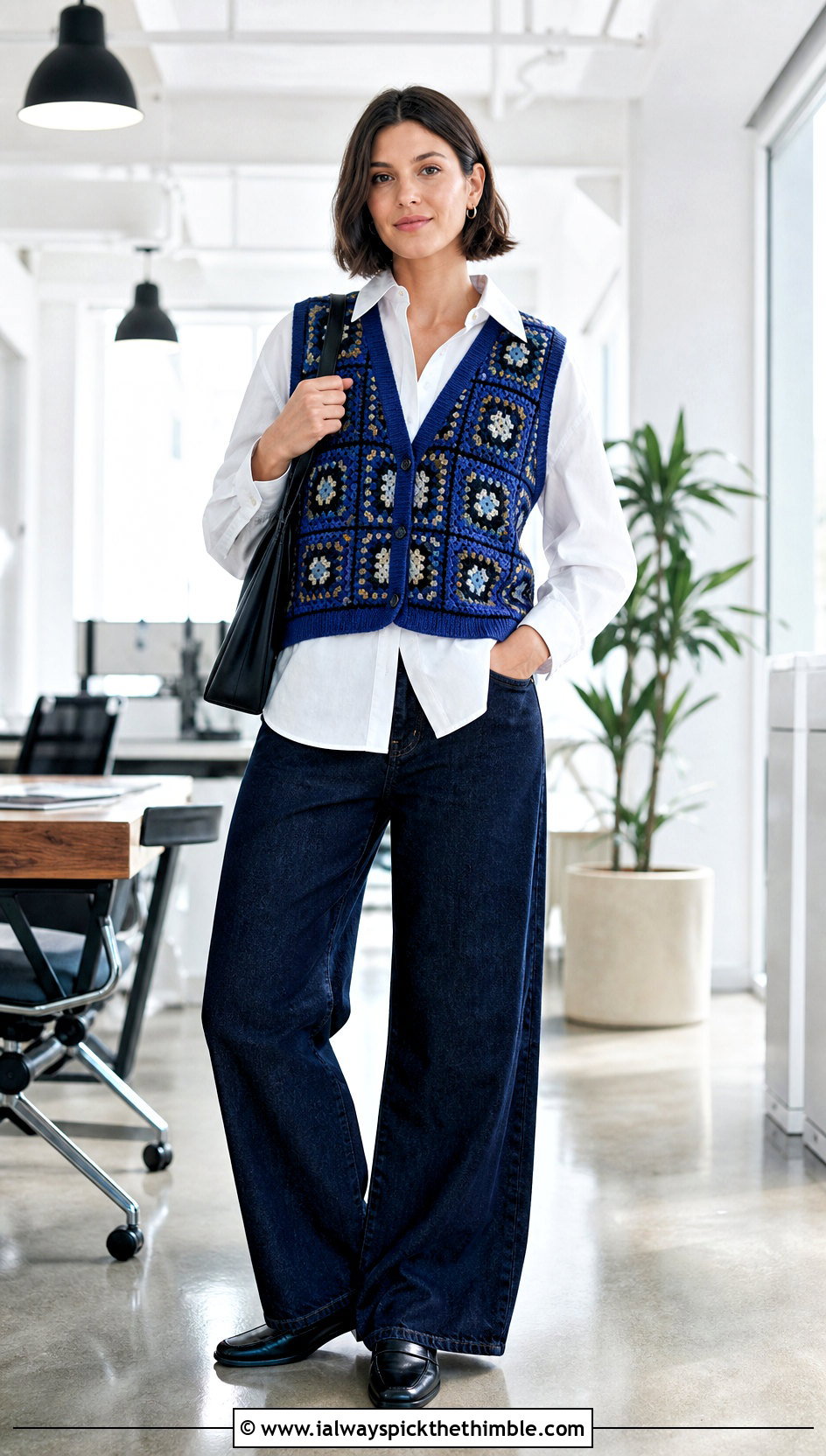 Geometric Tapestry Crochet Vest With Wide Leg Jeans - 20 crochet tapestry clothes and outfit ideas