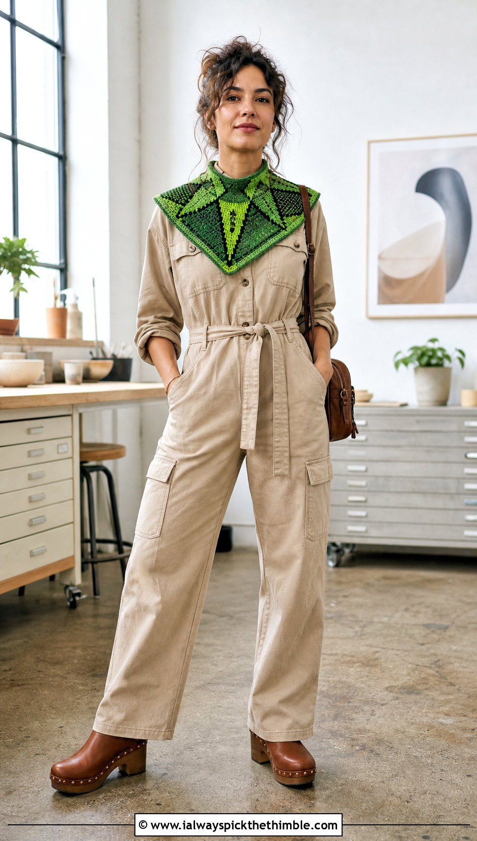 Geometric Tapestry Crocheted Collar With Utility Jumpsuit - 15 Crocheted Collars outfit ideas