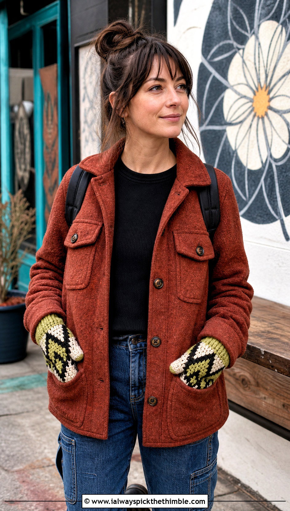Geometric Tapestry Crocheted Mittens With Shacket - 20 Crocheted Mittens outfit ideas
