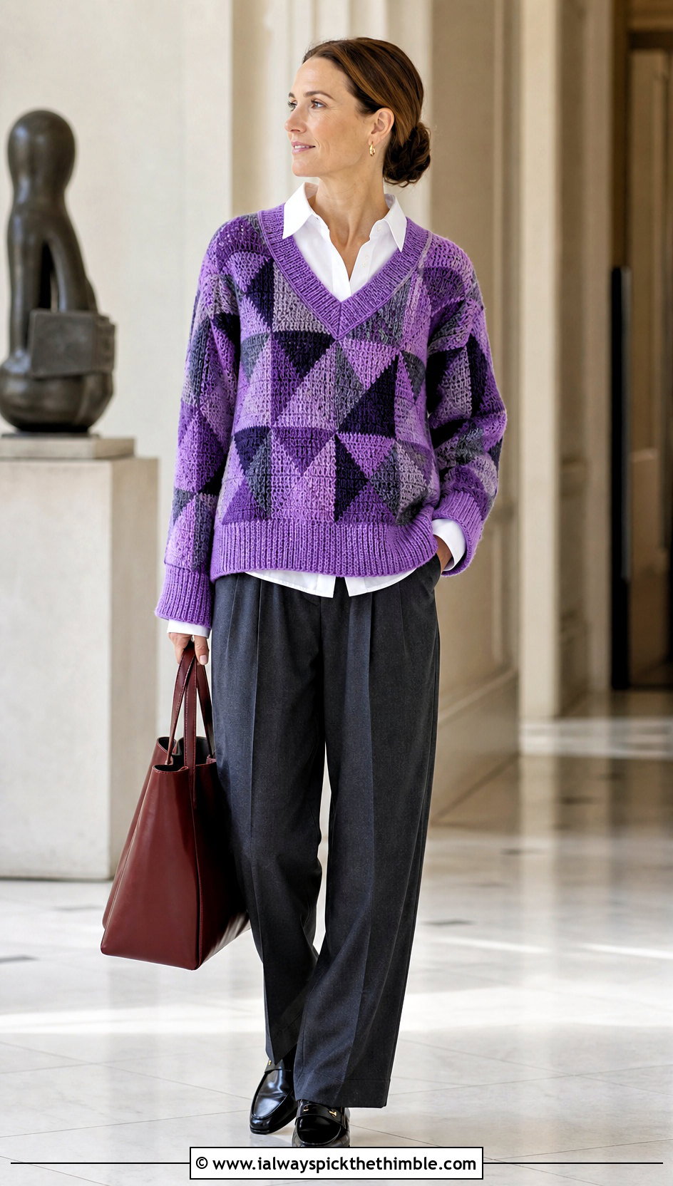 Geometric V Neck Norm Thompson Crochet Sweater With Pleated Trousers - 15 Norm Thompson Crochet Sweater outfit ideas