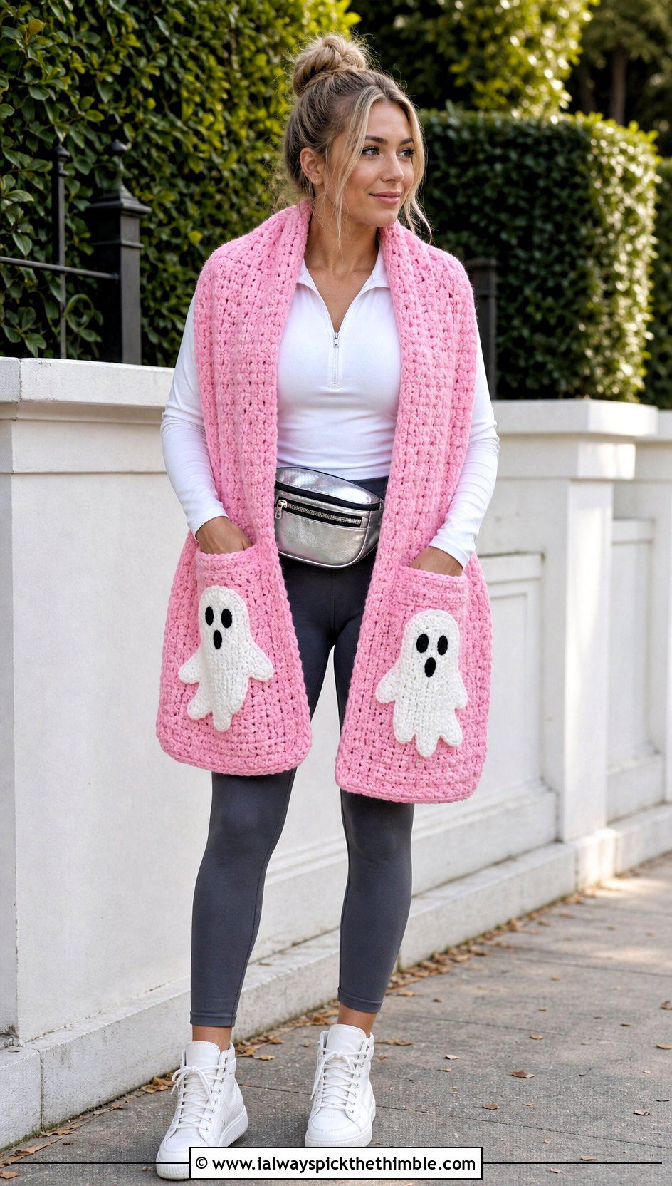 Ghost Applique Pocket Shawl With Leggings - 20 Crochet Halloween Shawl outfit ideas