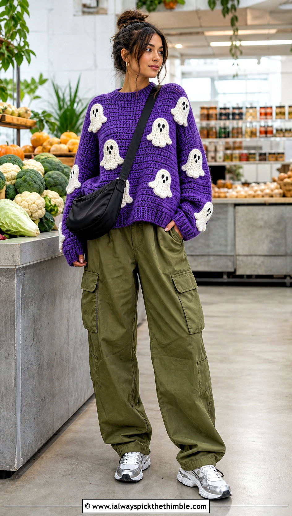 Ghost Applique Spooky Crochet Sweater With Cargo Pants - 15 Spooky Crochet Sweater outfit ideas