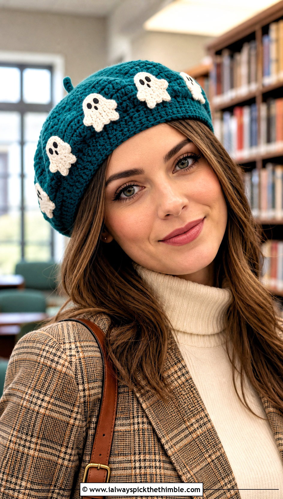 Ghost Crochet Beret With Plaid Skirt - 20 Ghost Crochet Hat outfit ideas