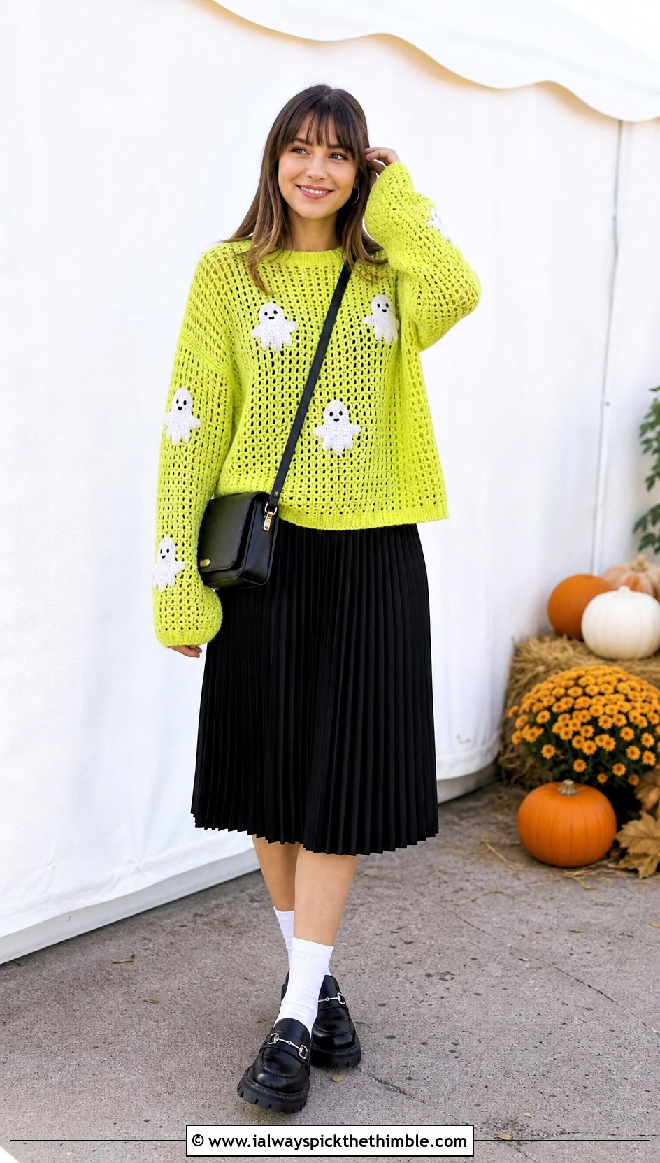 Ghost Crochet Sweater With Pleated Skirt - 20 Crochet Halloween Clothes and outfit ideas