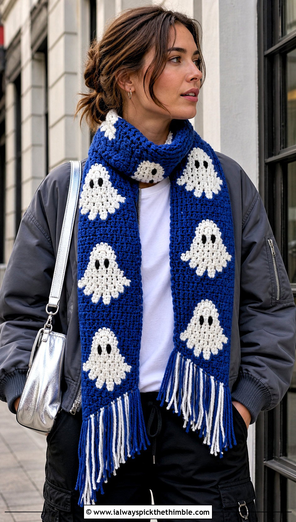 Ghost Fringe Halloween Scarf With Bomber Jacket - 20 crochet halloween scarf outfit ideas