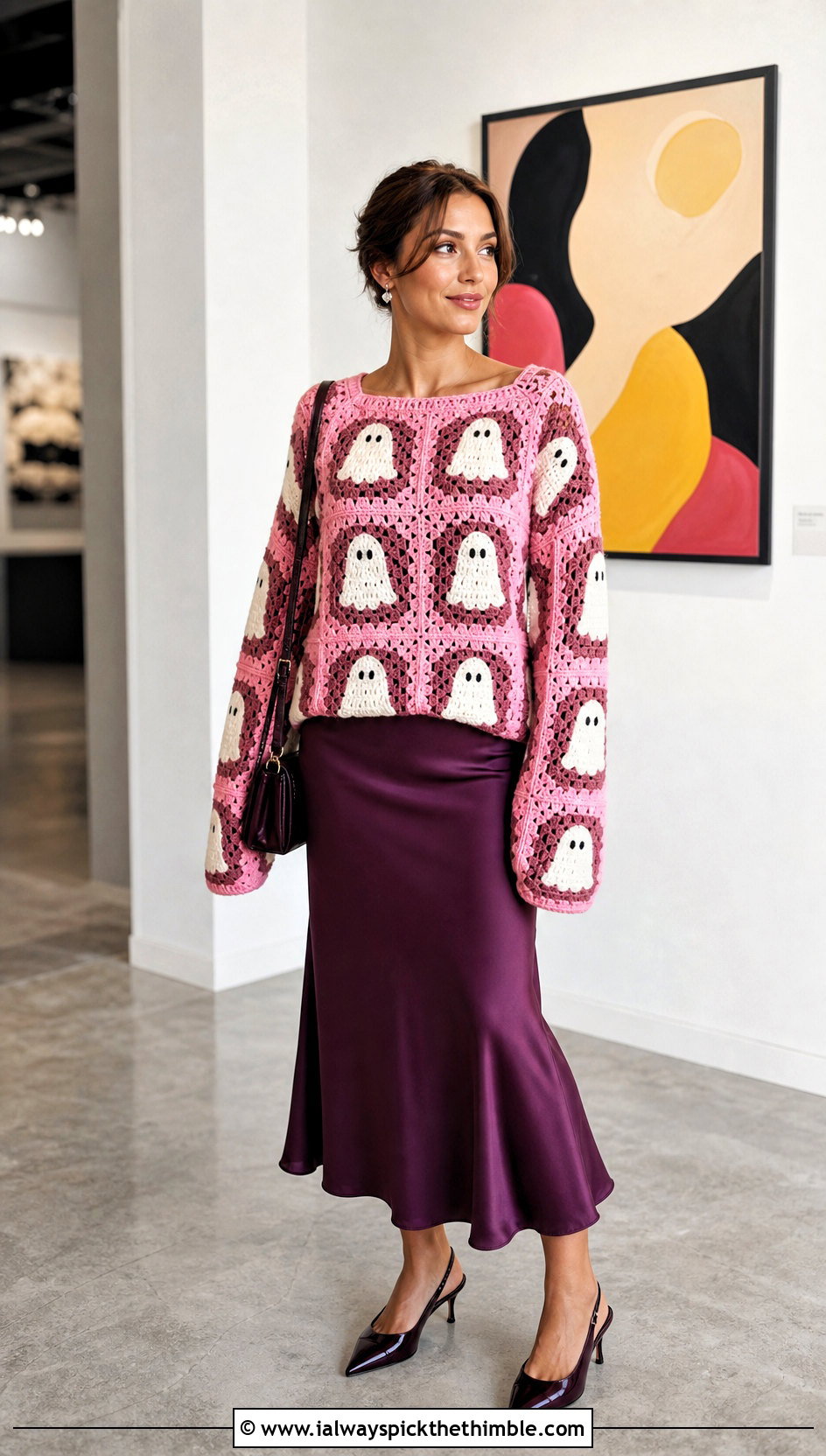 Ghost Granny Square Halloween Sweater With Satin Midi Skirt - 15 Crochet Granny Square Halloween Sweater outfit ideas