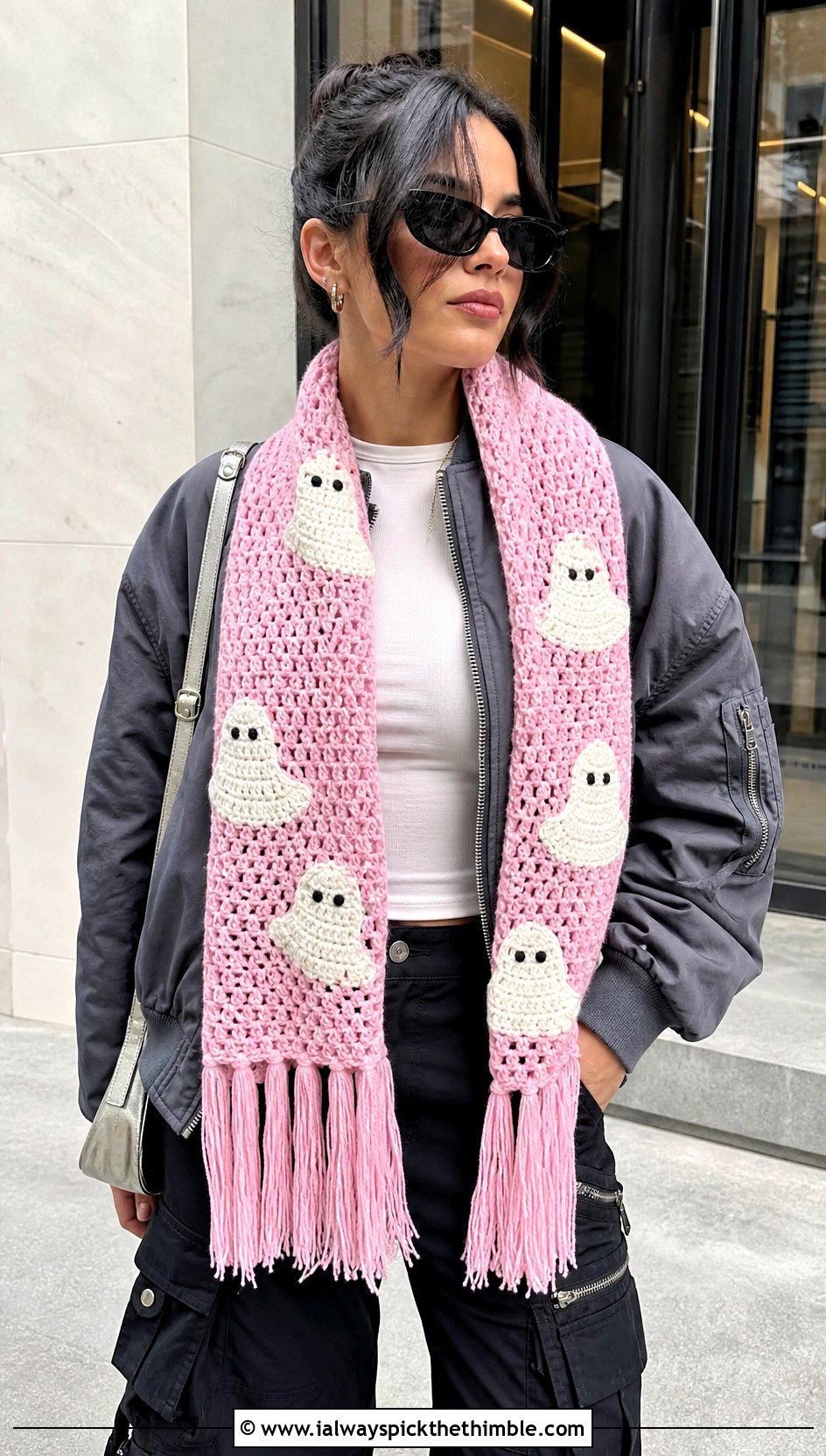 Ghost Motif Rectangular Crochet Shawl With Cargo Pants - 20 halloween crochet shawl outfit ideas