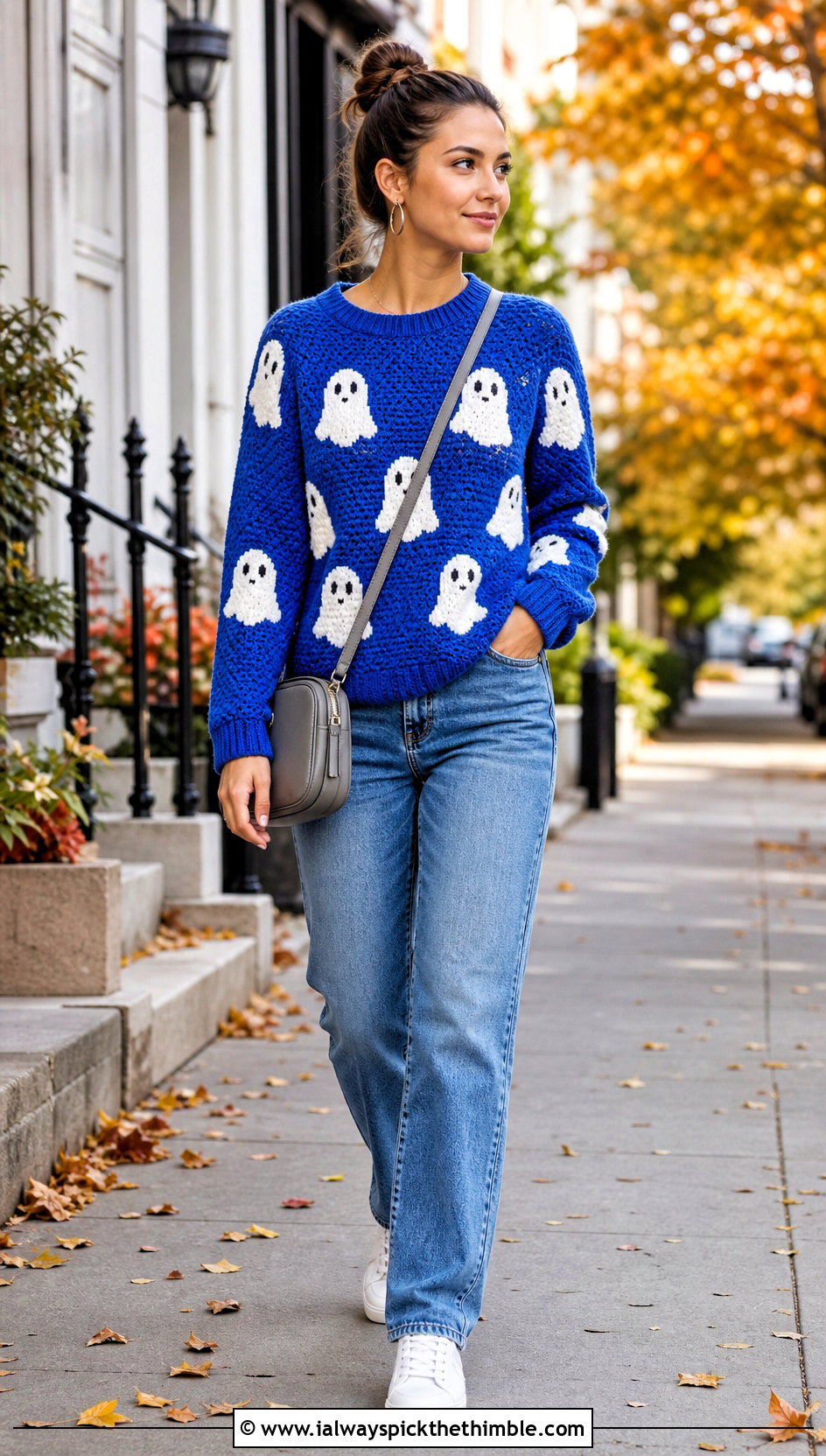 Ghost Raglan Halloween Crochet Jumper With Straight Leg Jeans - 15 Halloween Crochet Jumper outfit ideas