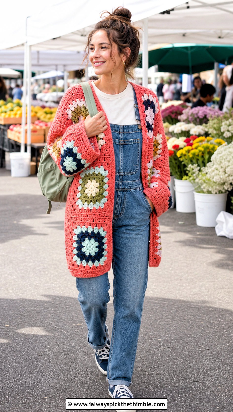 Giant Granny Square Cardigan With Denim Overalls - 20 For Granny Square Cardigan outfit ideas