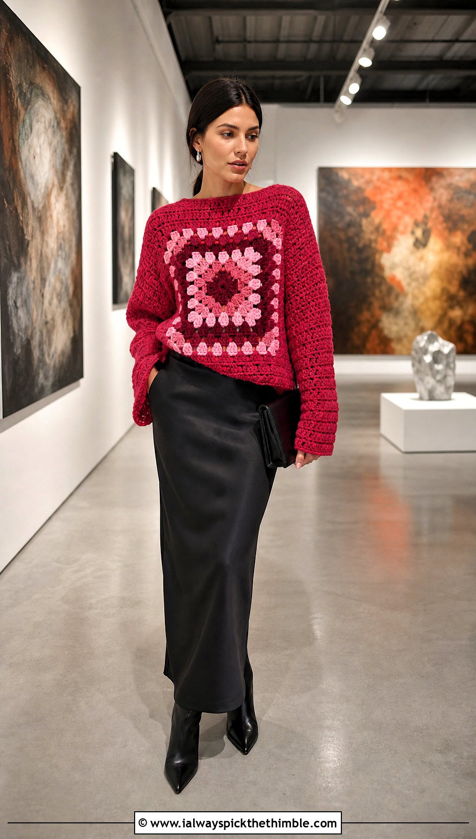 Giant Granny Square Jumper With Column Skirt - 20 Crochet Granny Jumper outfit ideas