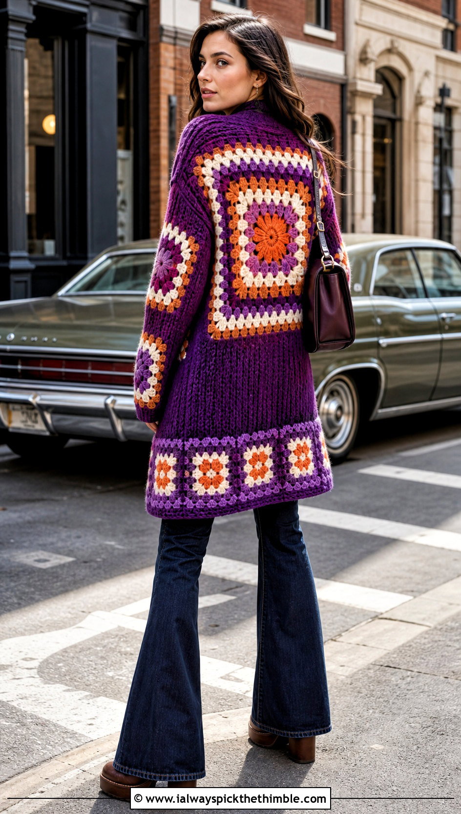 Giant Granny Square Long Cardigan With Flared Jeans - 20 granny square long cardigan outfit ideas
