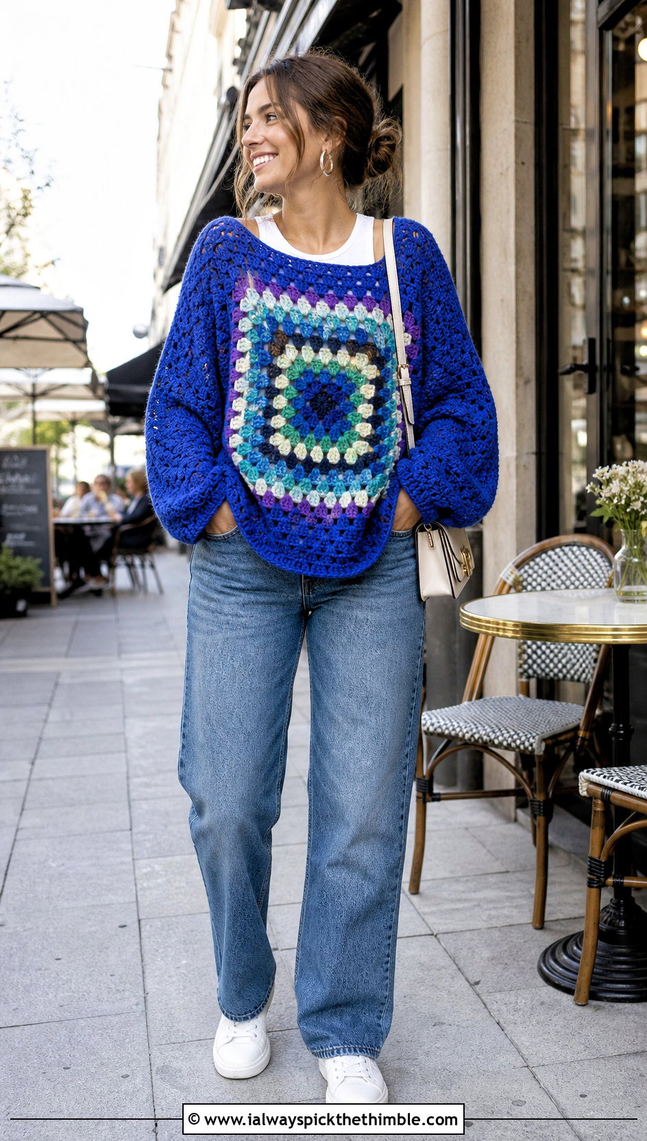 Giant Granny Square Sweater With Straight Leg Jeans - 20 oversized granny square sweater outfit ideas