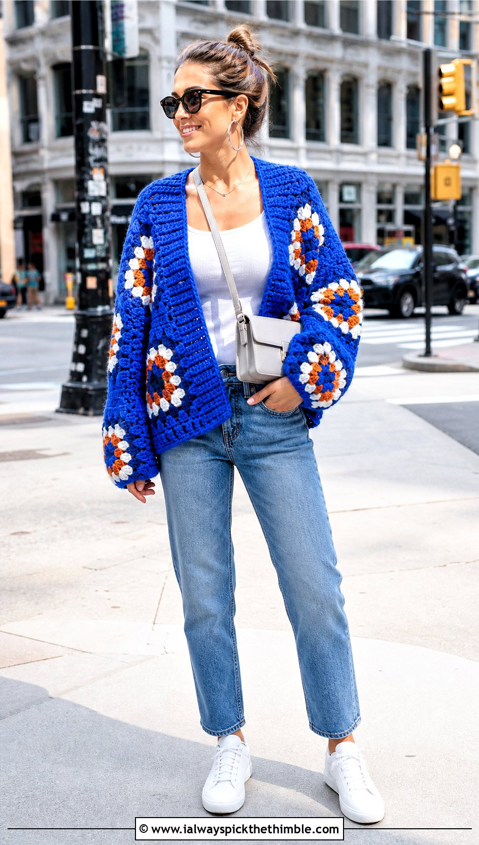 Giant Granny Square Sweater With Straight Leg Jeans - 15 Crochet Oversized Granny Square Sweater outfit ideas