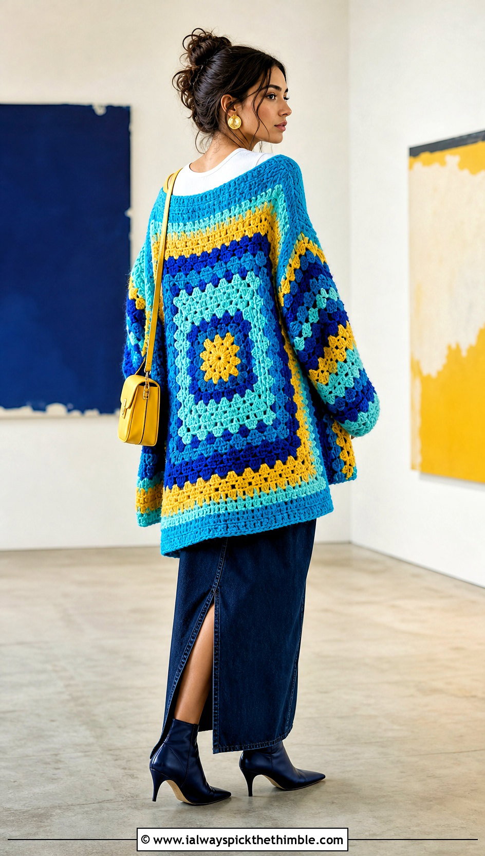Giant Square Back Long Cardigan With Denim Maxi Skirt - 25 long granny square cardigan outfit ideas
