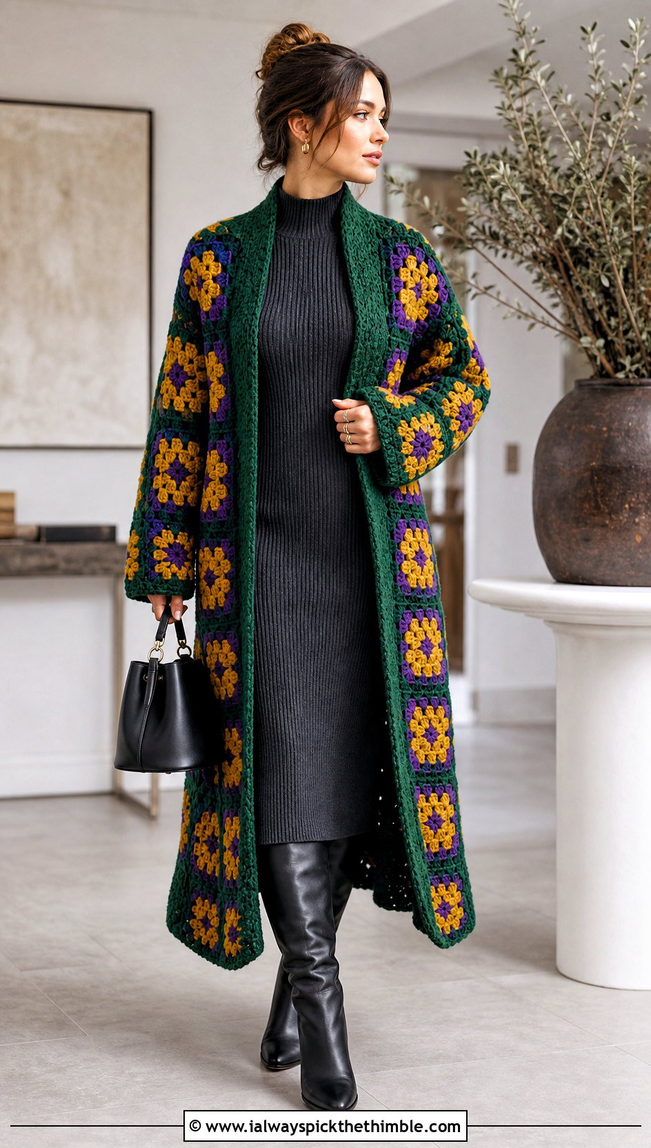 Giant Square Duster With Ribbed Knit Dress - 20 Crochet Granny Square Duster outfit ideas