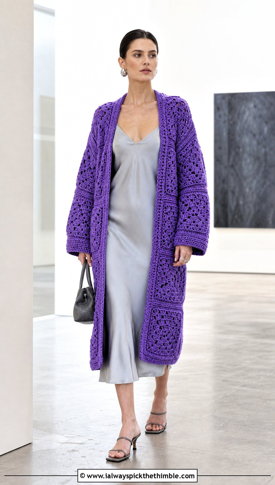 Giant Square Grandpa Crochet Cardigan With Slip Dress - 20 grandpa crochet cardigan outfit ideas