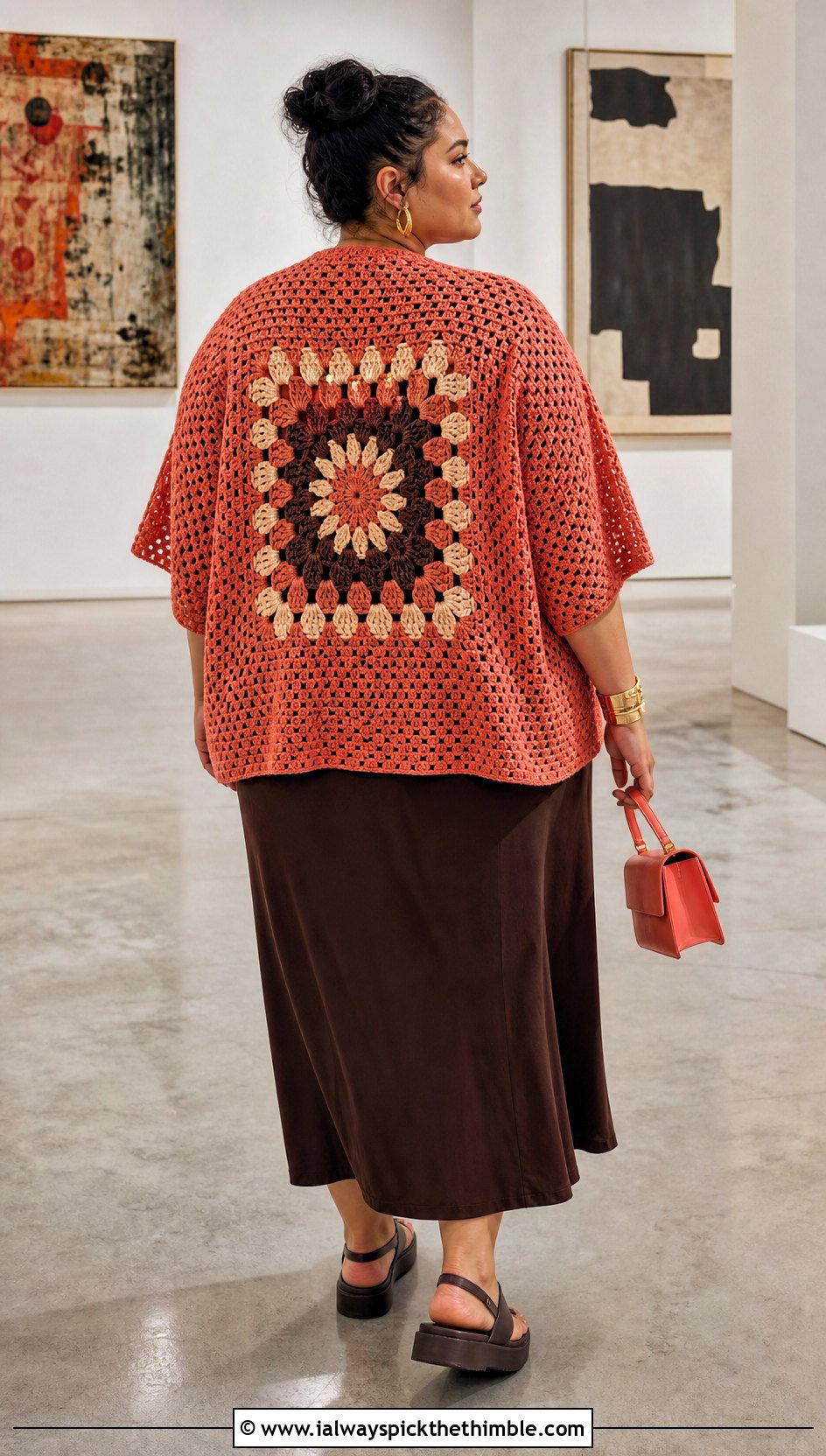 Giant Square Granny Cardigan With Slip Dress - 20 plus size crochet granny square cardigan outfit ideas
