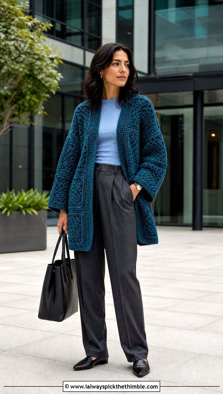 Giant Square Granny Cardigan With Tailored Trousers - 20 Oversized Granny Square Cardigan outfit ideas