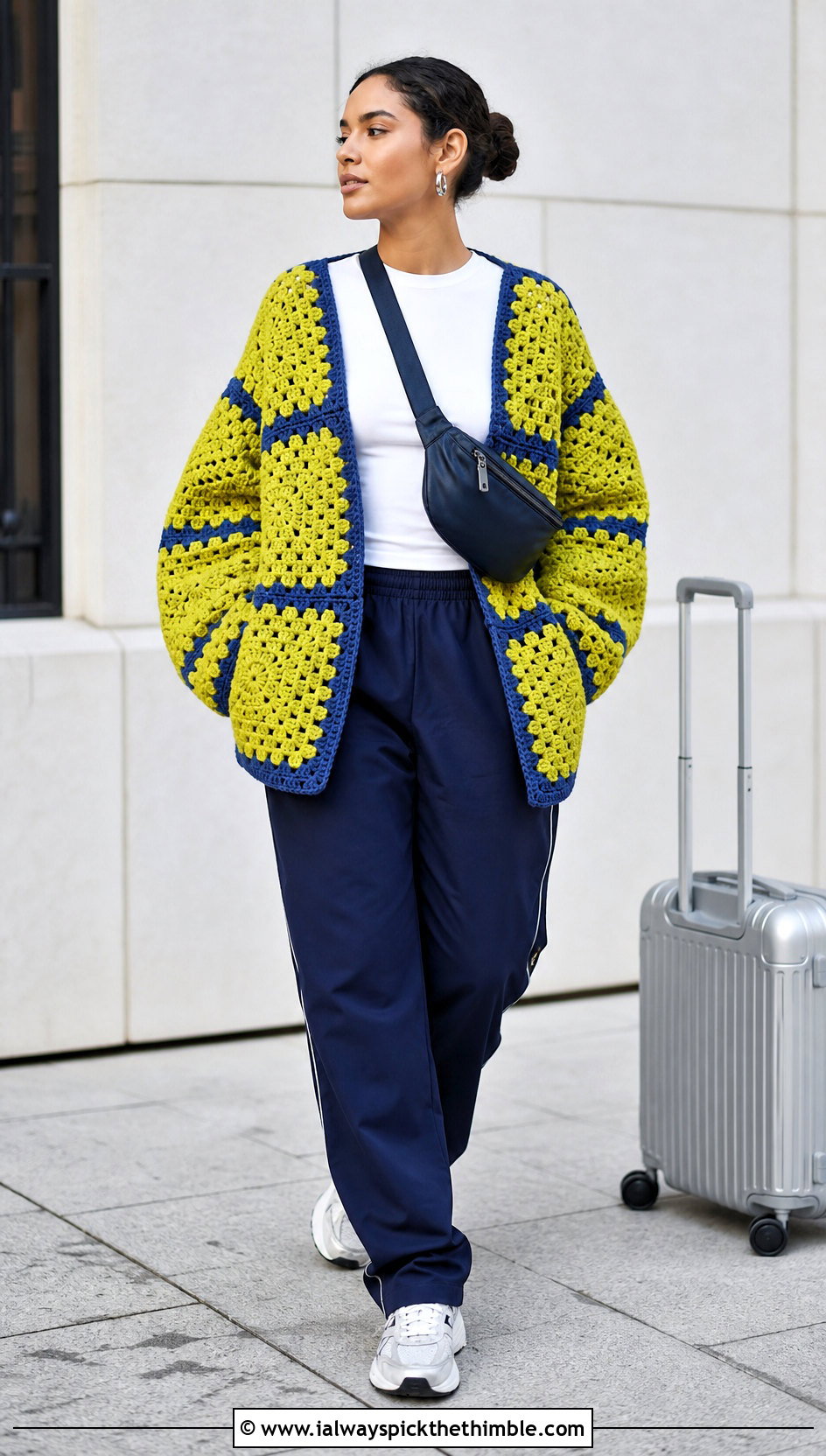 Giant Square Granny Cardigan With Track Pants - 20 Crochet Fall Granny Square Cardigan outfit ideas
