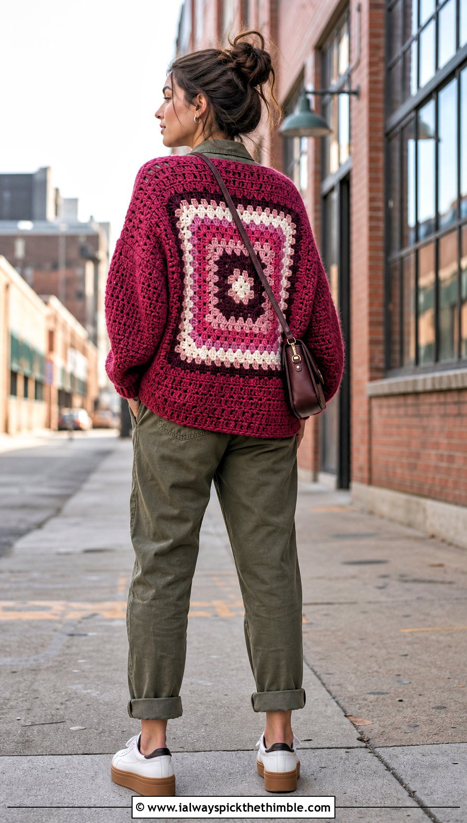 Giant Square Granny Cardigan With Utility Jumpsuit - 20 boho granny square cardigan outfit ideas