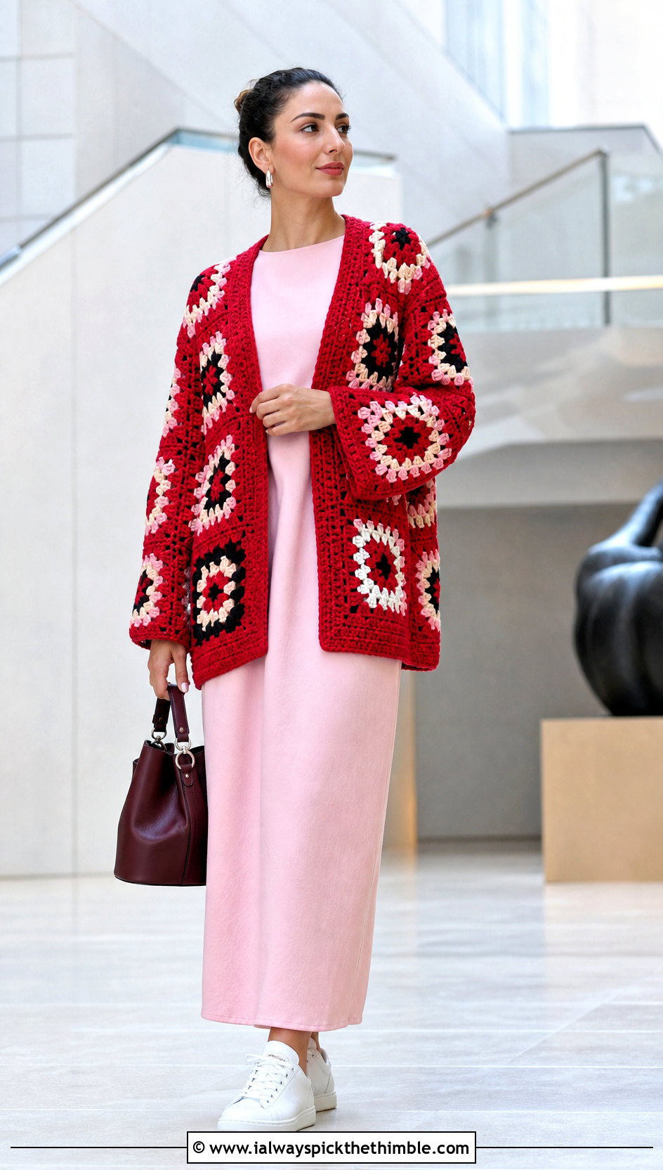 Giant Square Granny Square Crochet Cardigan With Column Dress - 25 granny square crochet cardigan outfit ideas