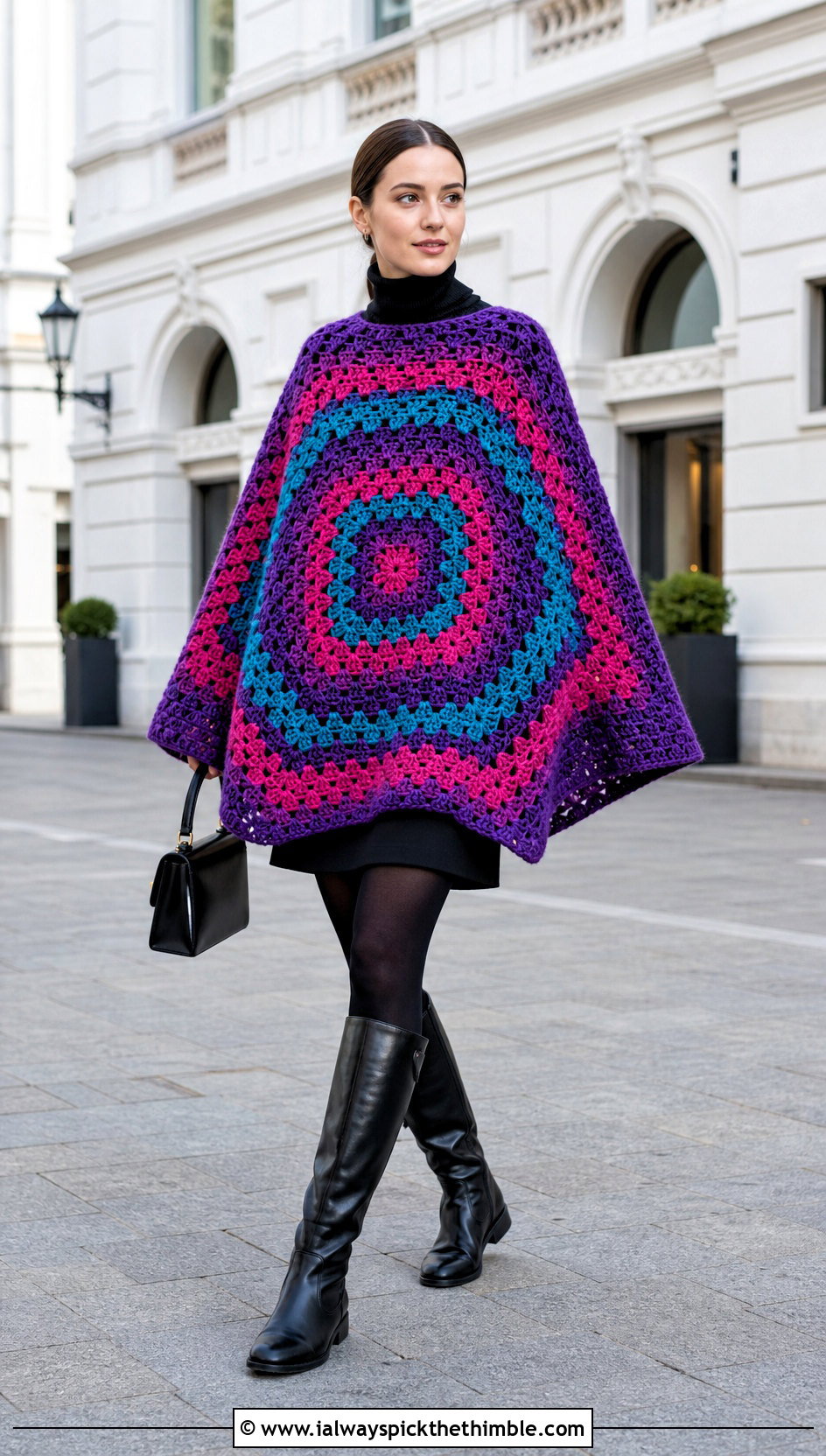 Giant Square Granny Square Poncho With Mini Skirt And Boots - 20 Granny Squares Poncho outfit ideas