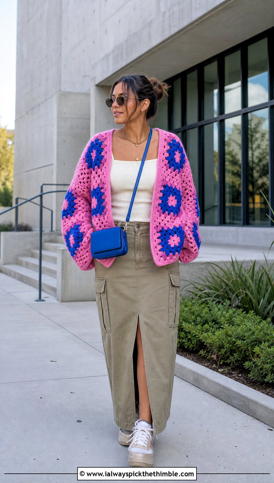 Giant Square Pink Granny Square Cardigan With Cargo Maxi Skirt - 25 pink granny square cardigan outfit ideas
