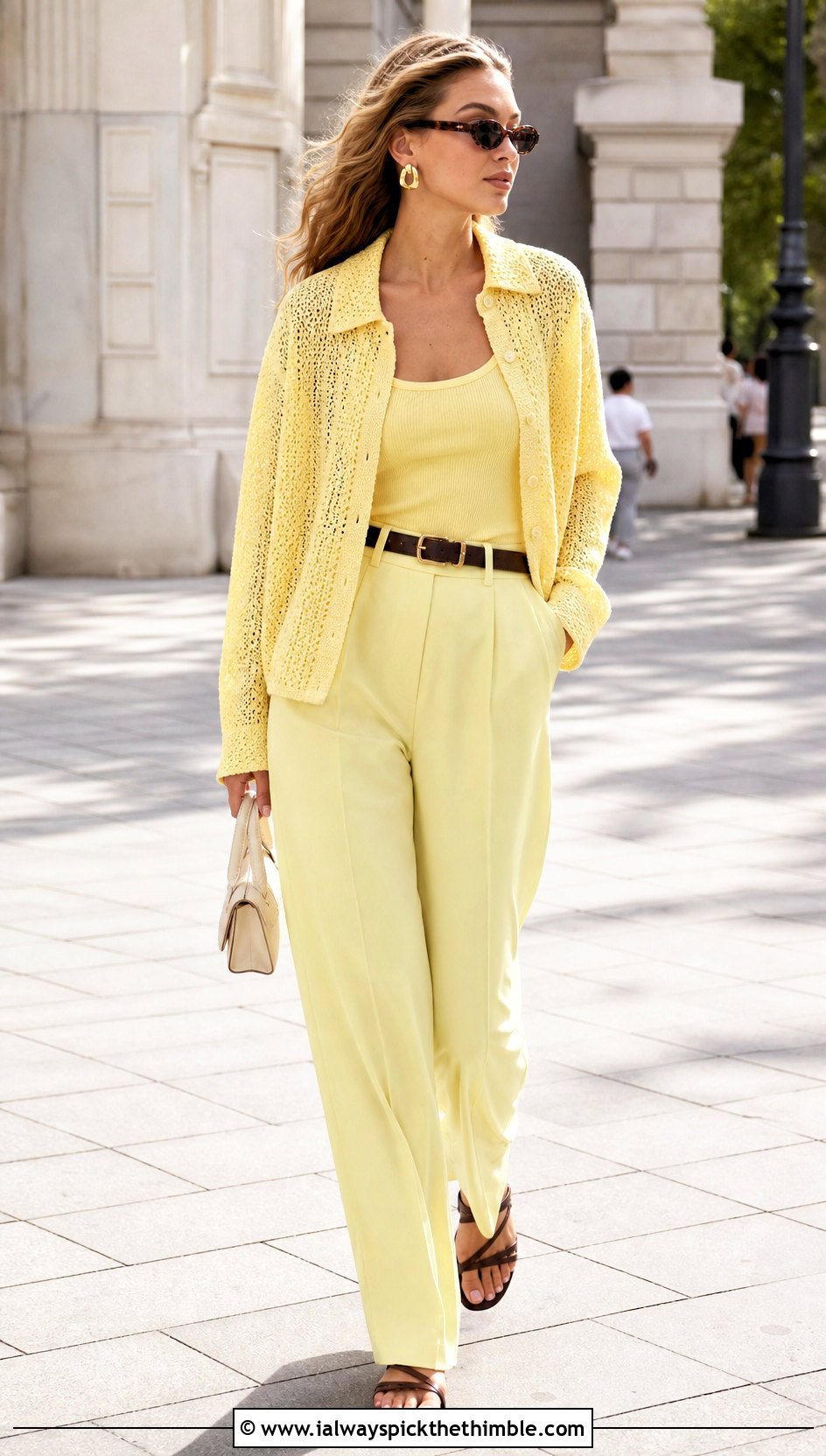 Gigi Hadid Acid Yellow Crochet Shirt With Matching Trousers - 20 celebrity crochet outfits ideas