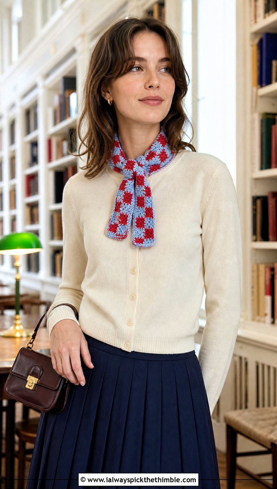 Gingham Checkered Crochet Scarf With Cardigan And Pleated Skirt - 20 Checkered Crochet Scarf outfit ideas