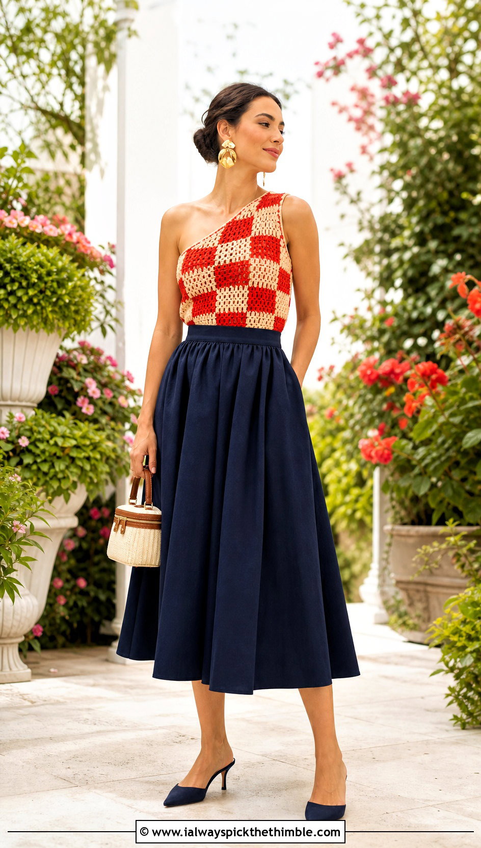 Gingham Crochet One Shoulder Top With Full Midi Skirt - 20 gingham crochet top outfit ideas