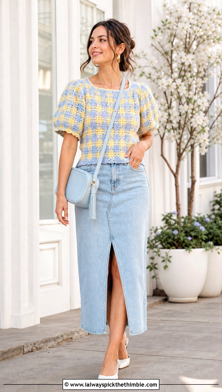 Gingham Crochet Puff Sleeve Top With Denim Midi Skirt - 20 gingham crochet top outfit ideas