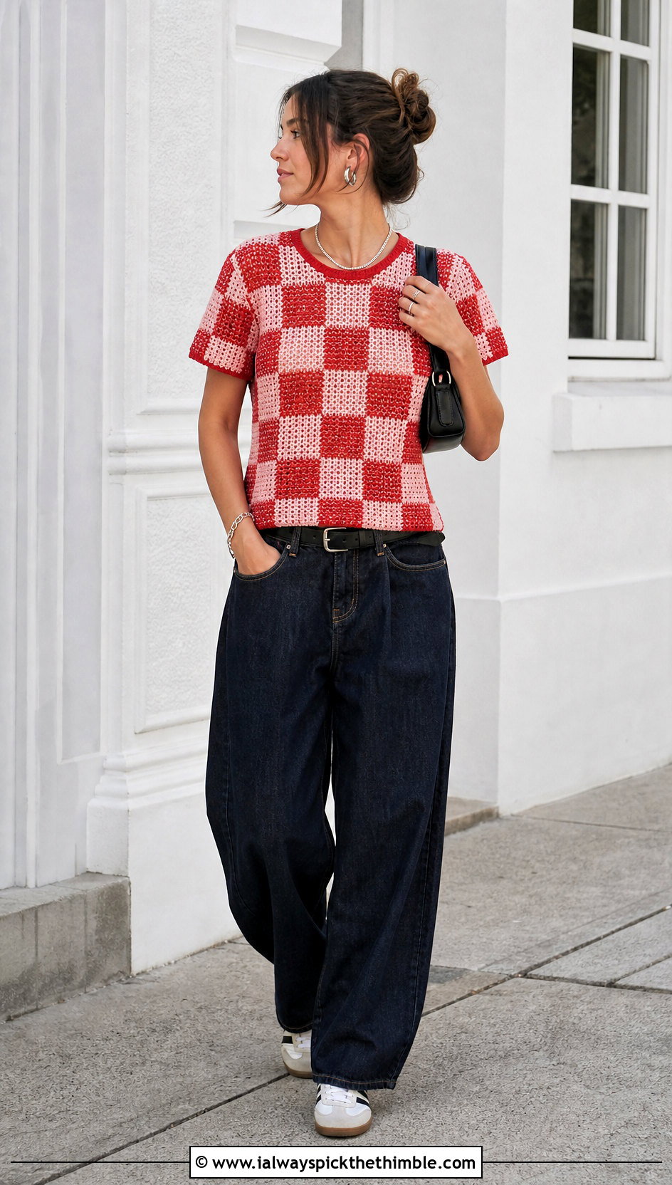Gingham Crochet T Shirt Top With Barrel Jeans - 20 gingham crochet top outfit ideas