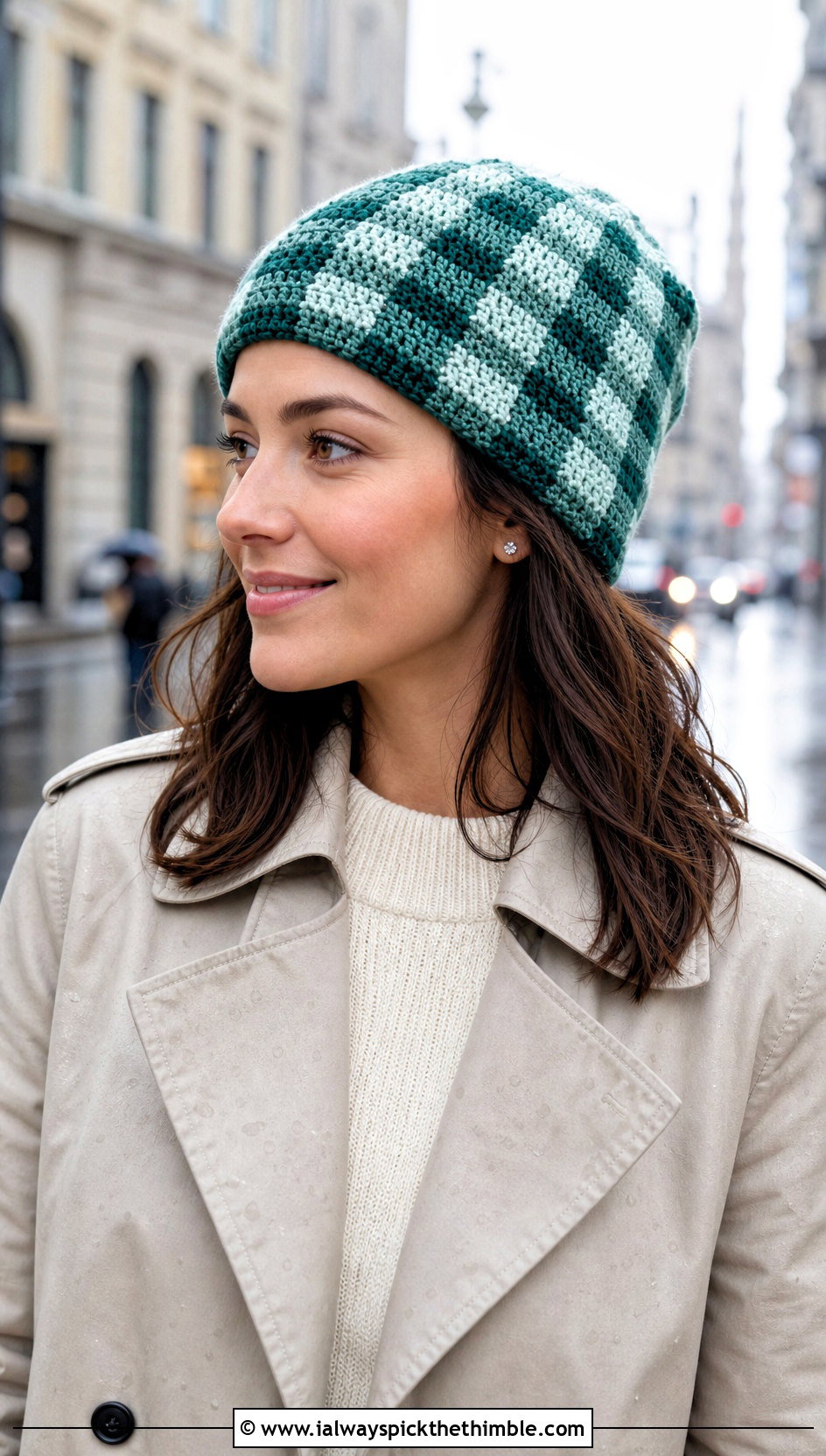 Gingham Plaid Crochet Beanie With Trench Coat - 15 Plaid Crochet Beanie outfit ideas