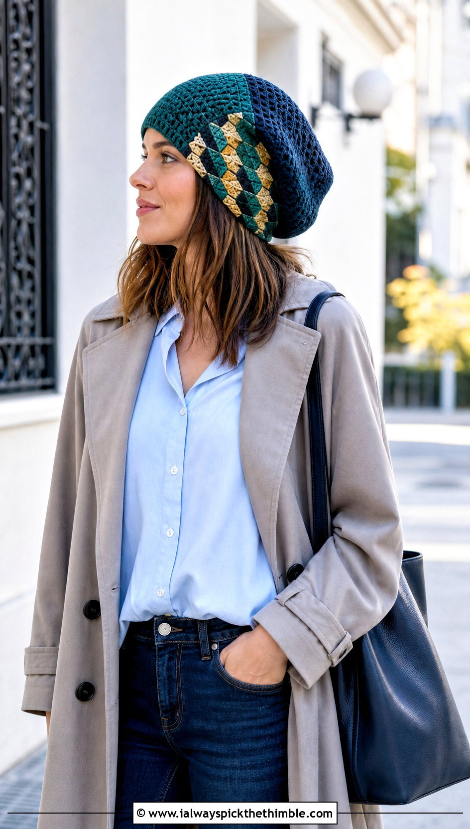 Giyu Split Pattern Slouchy Beanie With Trench Coat and Straight Jeans - 20 Demon Slayer Crochet Hat outfit ideas
