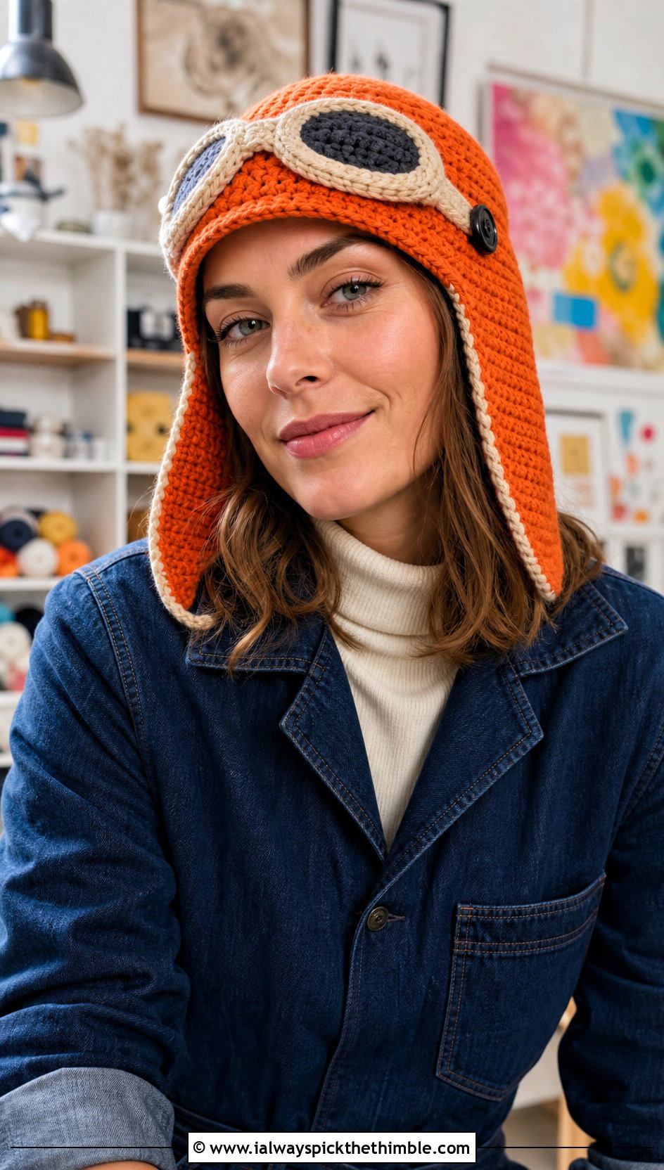 Goggle Detail Crochet Aviator Hat With Denim Jumpsuit - 20 crochet aviator hat outfit ideas