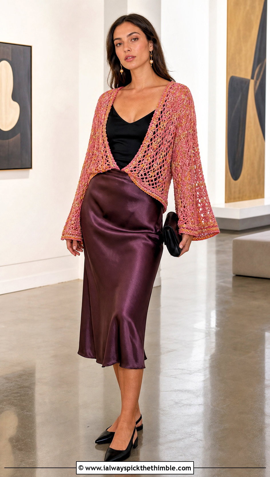 Gold Bell Sleeve Crochet Cover Up With Satin Midi Skirt - 15 Gold Crochet Cover Up outfit ideas