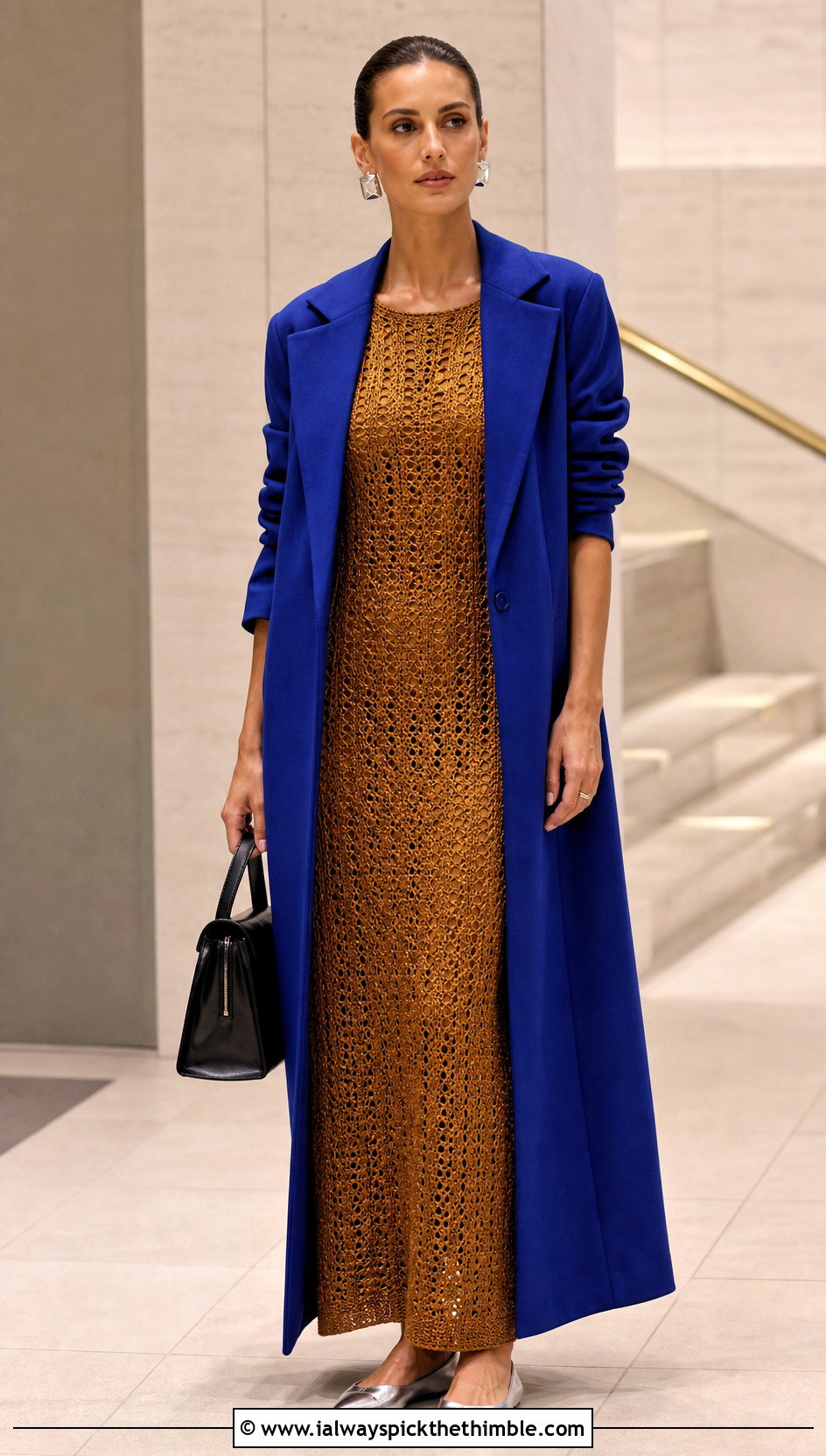 Gold Column Crochet Dress With Longline Coat - 25 Gold Crochet Dress outfit ideas