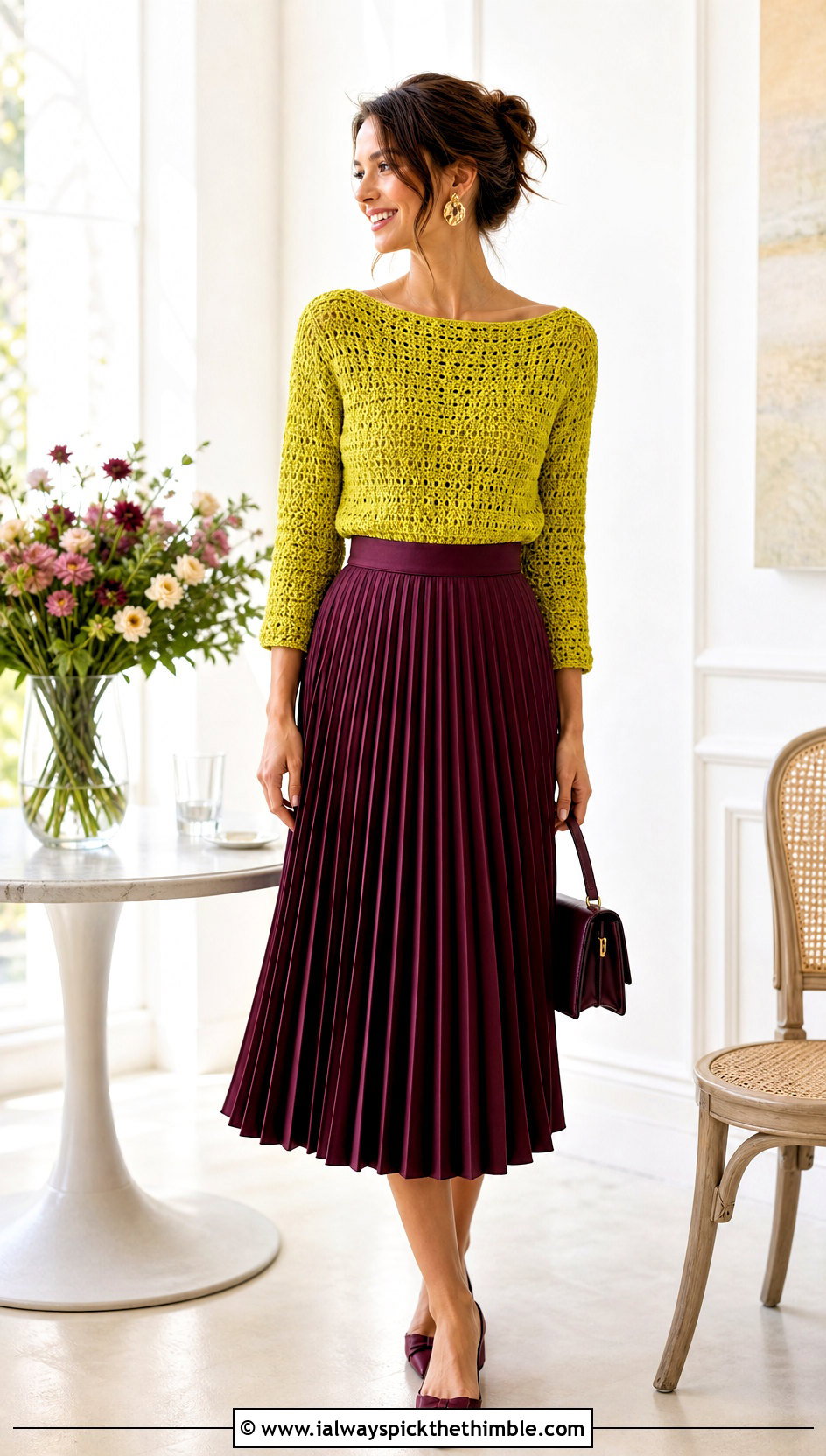 Gold Crochet Boat Neck Top With Pleated Skirt - 25 gold crochet top outfit ideas