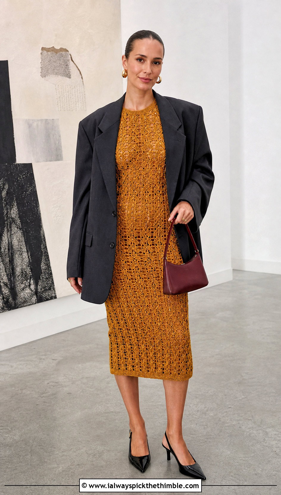 Gold Crochet Bodycon Dress With Oversized Blazer - 25 Gold Crochet Dress outfit ideas