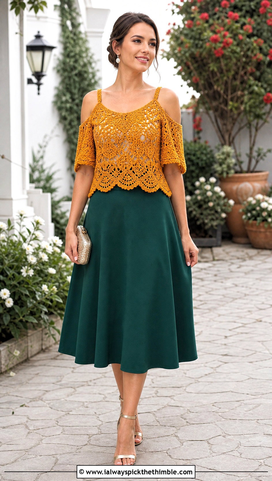 Gold Crochet Cold Shoulder Top With Midi Skirt - 25 gold crochet top outfit ideas
