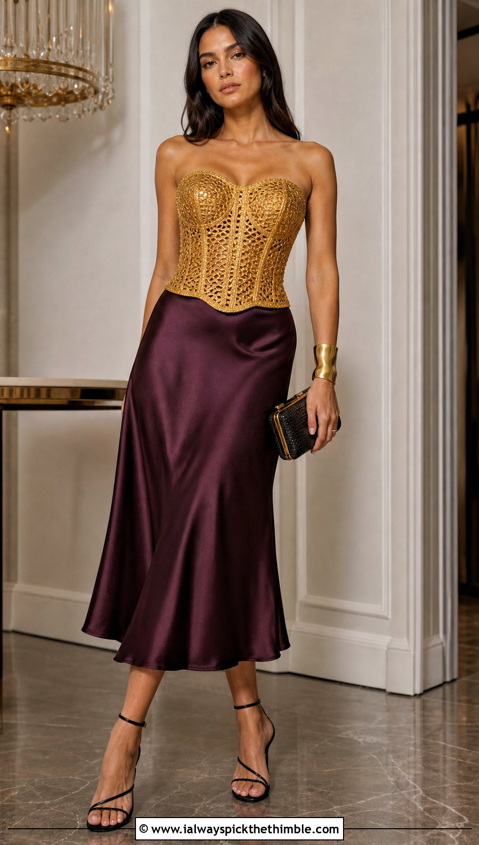 Gold Crochet Corset Top With Satin Midi Skirt - 25 gold crochet top outfit ideas