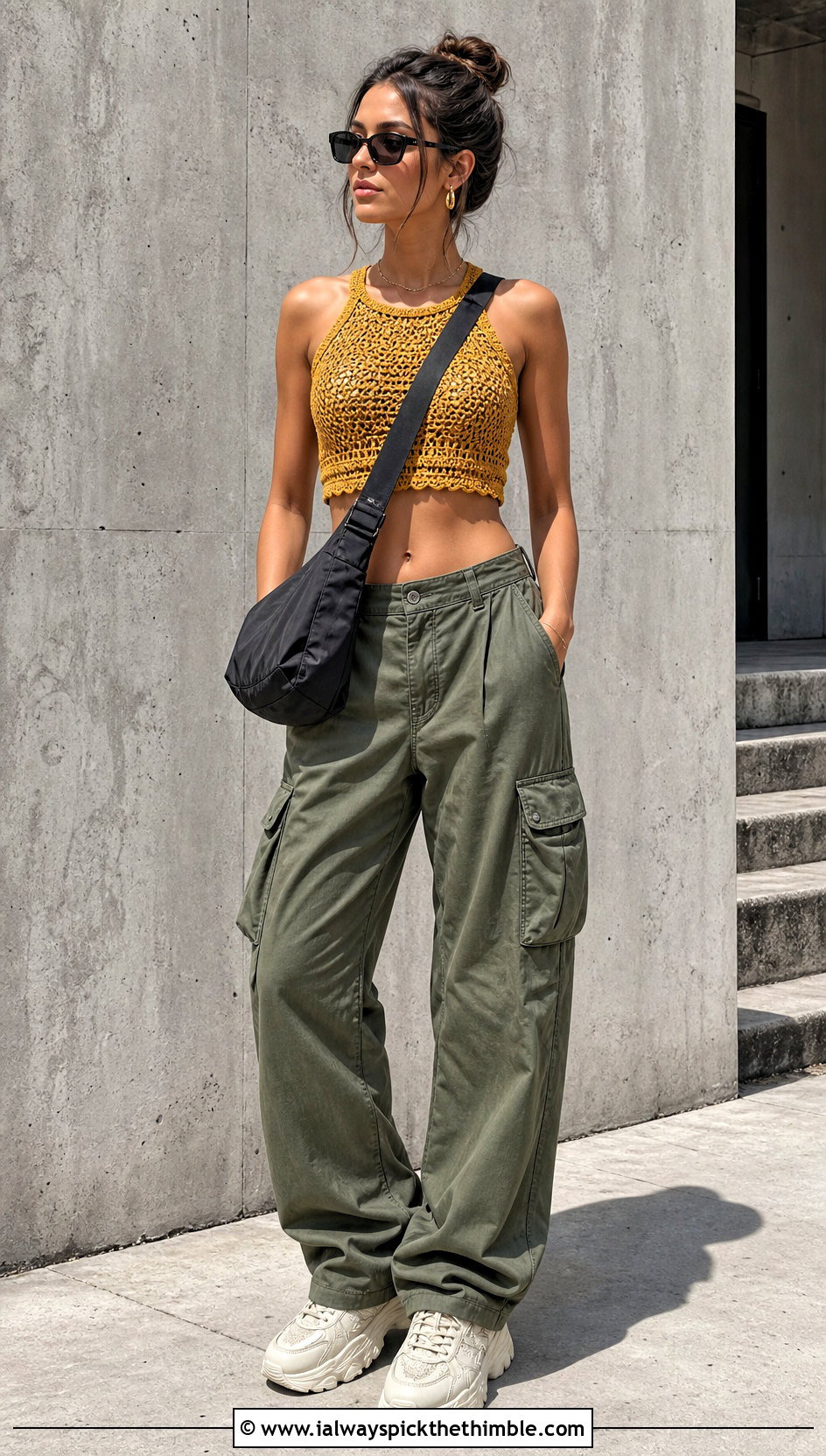 Gold Crochet Crop Top With Cargo Pants - 25 gold crochet top outfit ideas