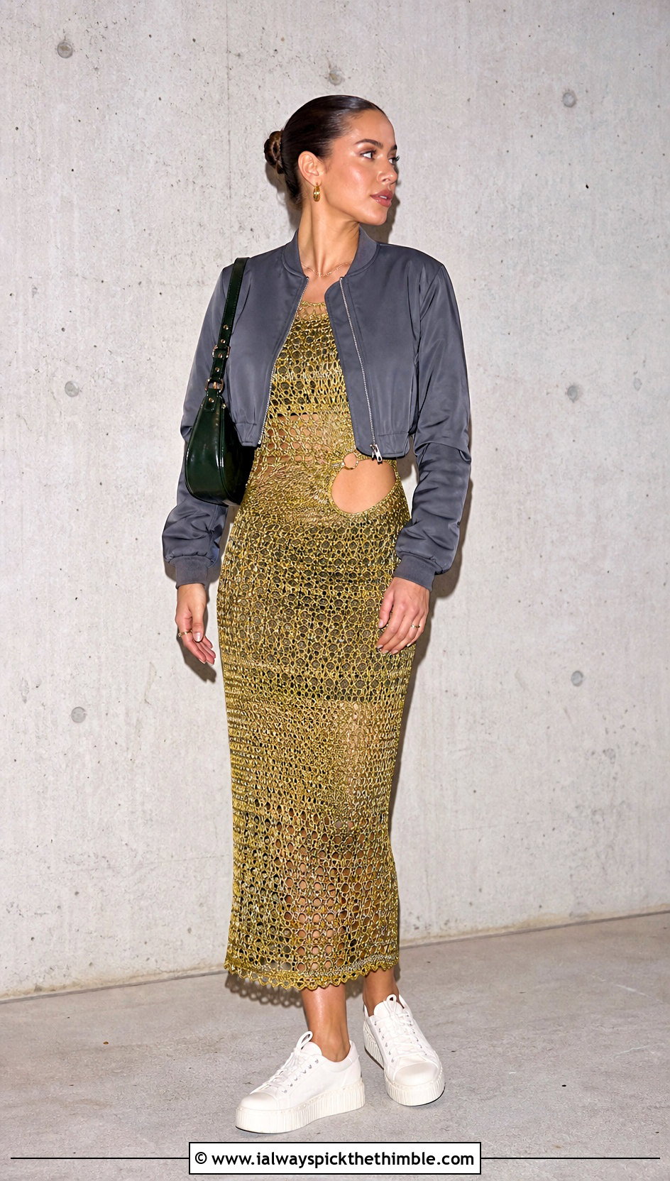 Gold Crochet Cutout Dress With Bomber Jacket - 25 Gold Crochet Dress outfit ideas