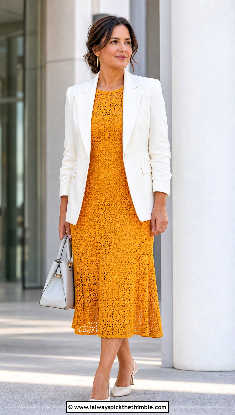 Gold Crochet Midi Dress With White Blazer - 25 Gold Crochet Dress outfit ideas