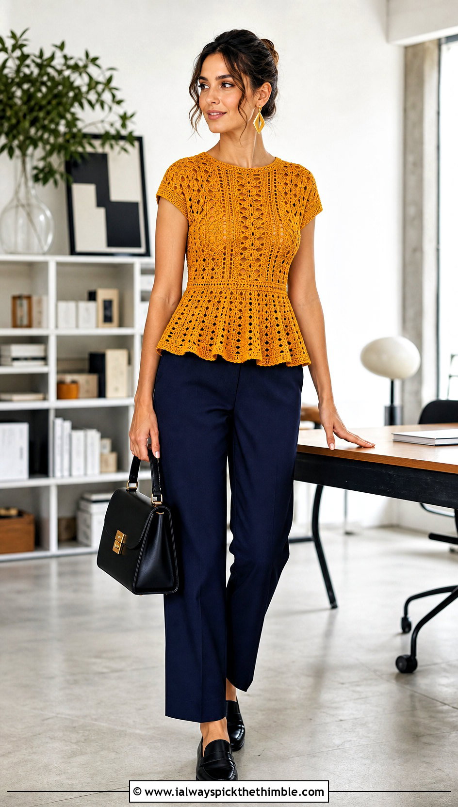 Gold Crochet Peplum Top With Straight Leg Pants - 25 gold crochet top outfit ideas