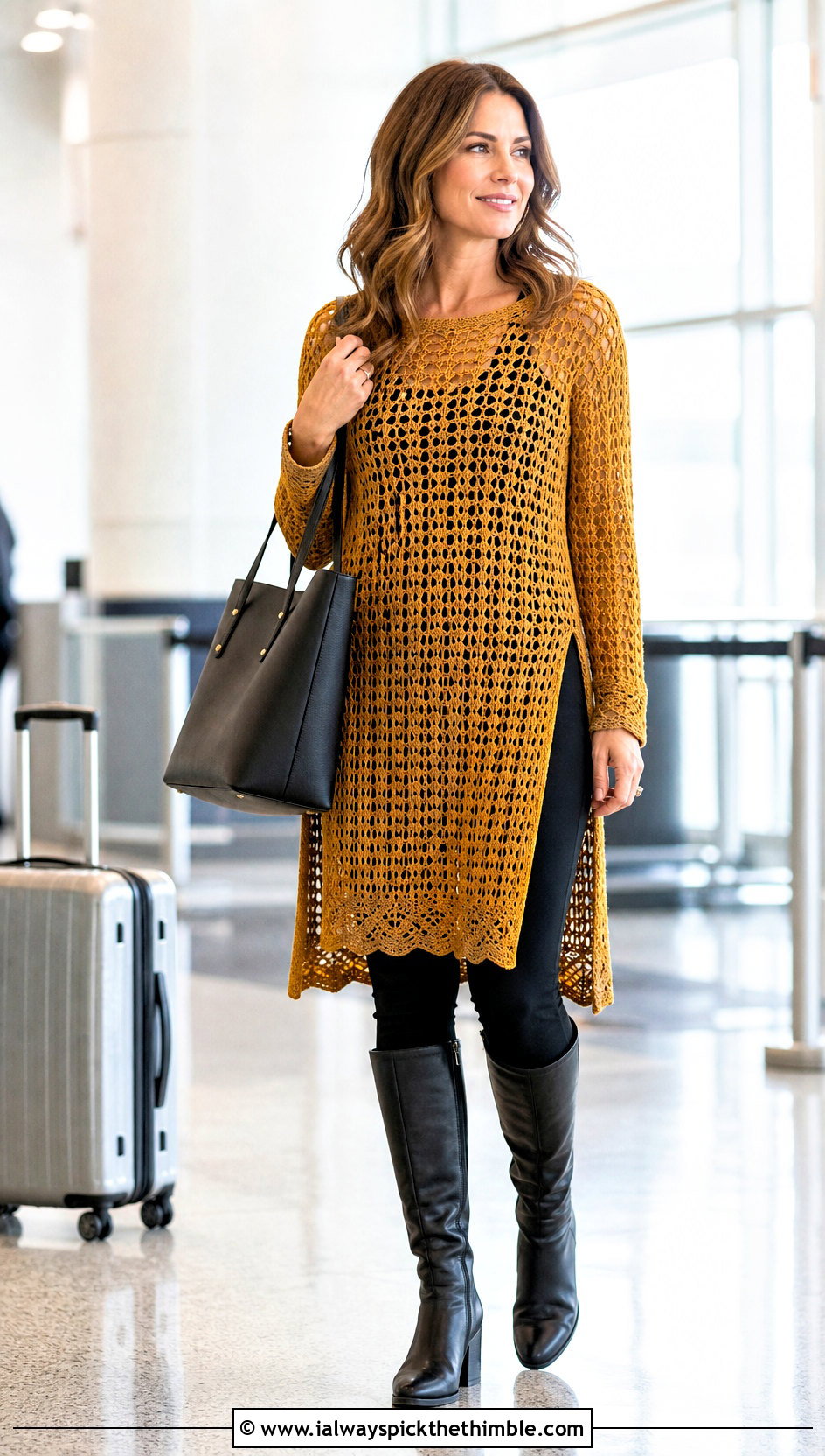 Gold Crochet Tunic Top With Leggings - 25 gold crochet top outfit ideas