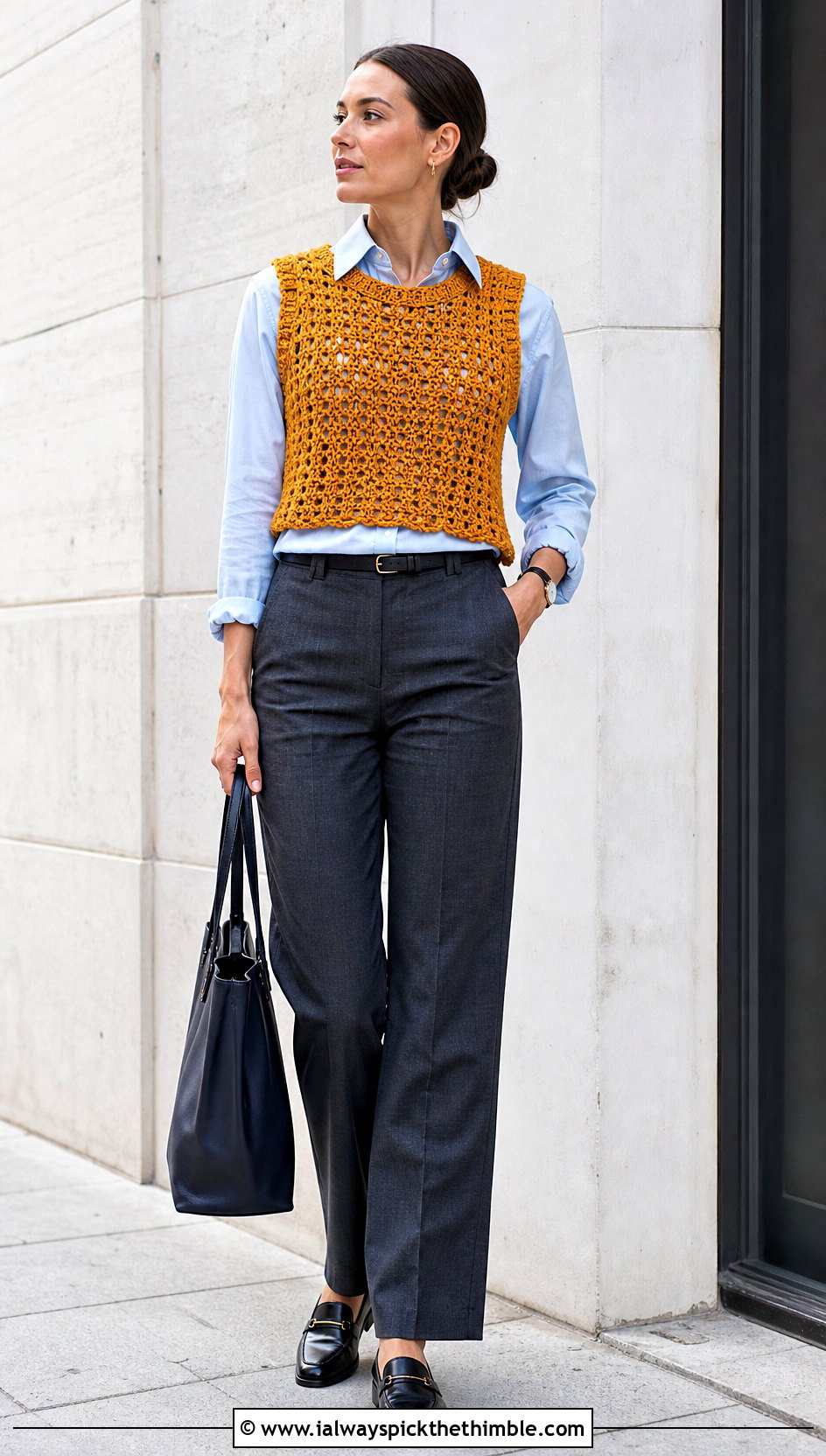 Gold Crochet Vest Top With Button Down Shirt - 25 gold crochet top outfit ideas