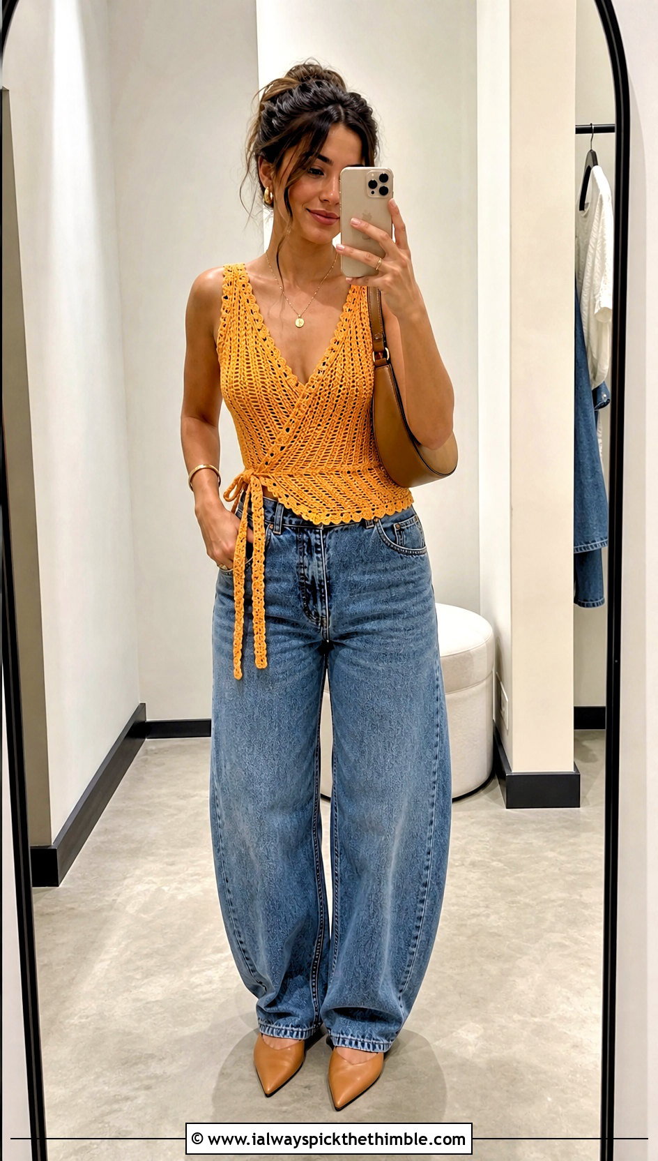 Gold Crochet Wrap Top With Barrel Jeans - 25 gold crochet top outfit ideas