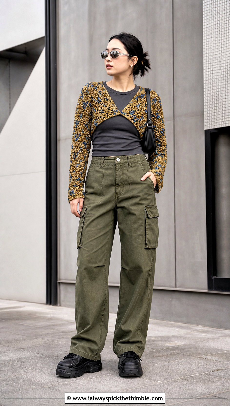 Gold Cropped Crochet Bolero Cover Up With Cargo Pants - 15 Gold Crochet Cover Up outfit ideas